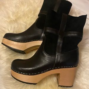 SWEDISH HASBEENS Platform Shearling Clog Boots Black Sz 8